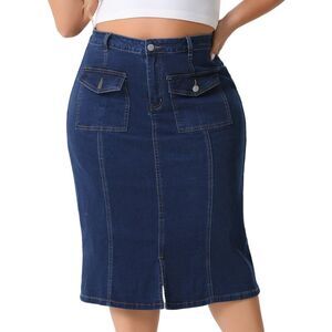 Plus Size Basic High Waist Ripped Hem Pockets Jeans Skirts Dark Blue